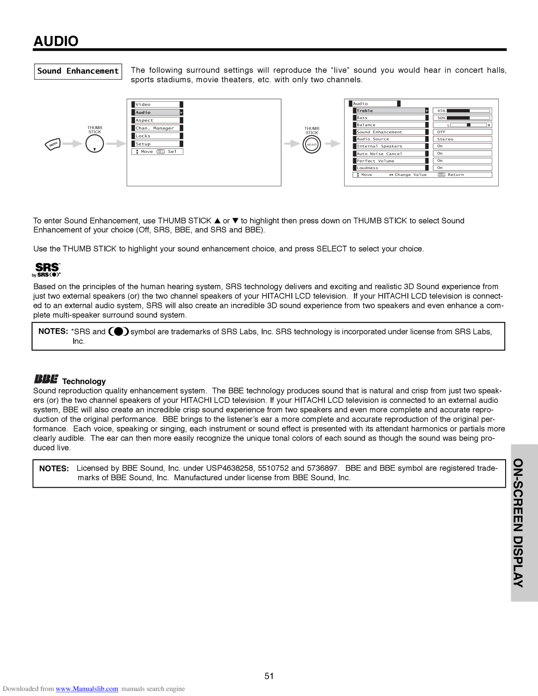 Hitachi 50V500E, 50V500G, 50V500A, 60V500E, 60V500A important safety instructions Sound Enhancement, Technology 