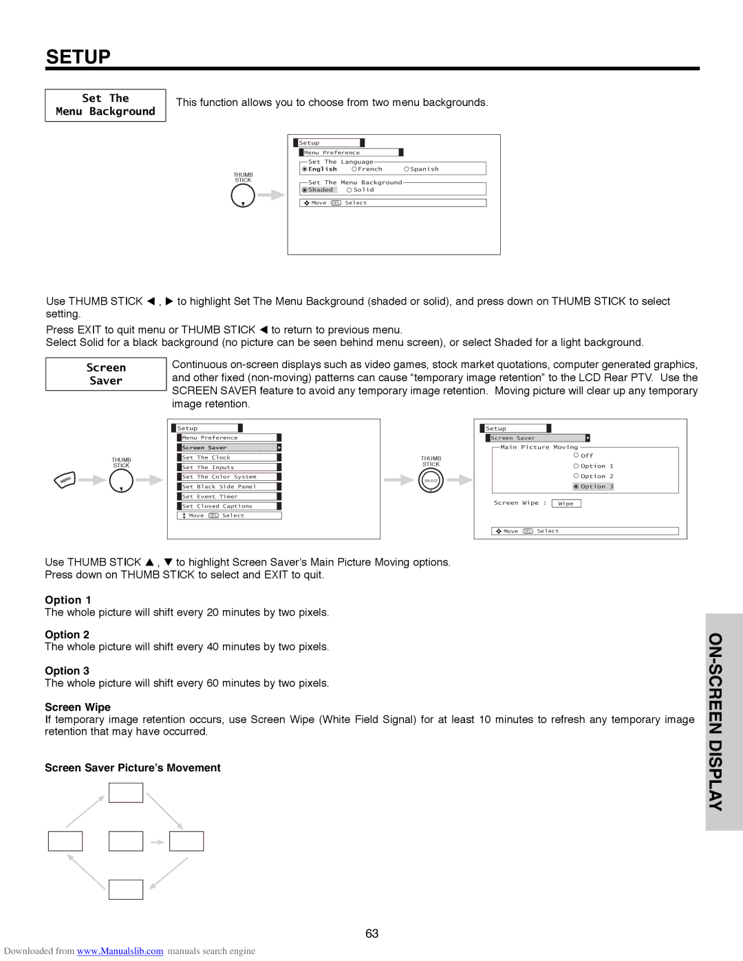 Hitachi 60V500E, 50V500G, 50V500E, 50V500A Set Menu Background, Option, Screen Wipe, Screen Saver Picture’s Movement 