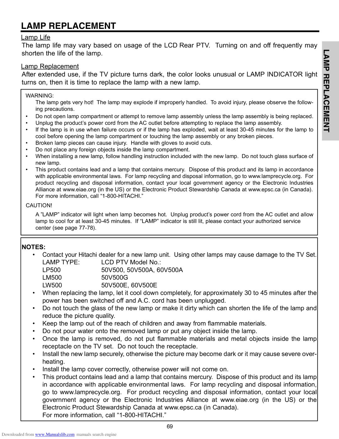 Hitachi 60V500A, 50V500G, 50V500E, 50V500A, 60V500E important safety instructions Lamp Replacement 