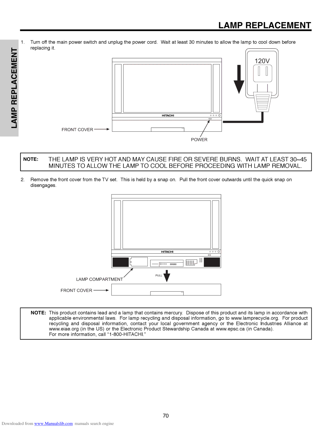 Hitachi 50V500G, 50V500E, 50V500A, 60V500E, 60V500A important safety instructions Lamp Replacement 