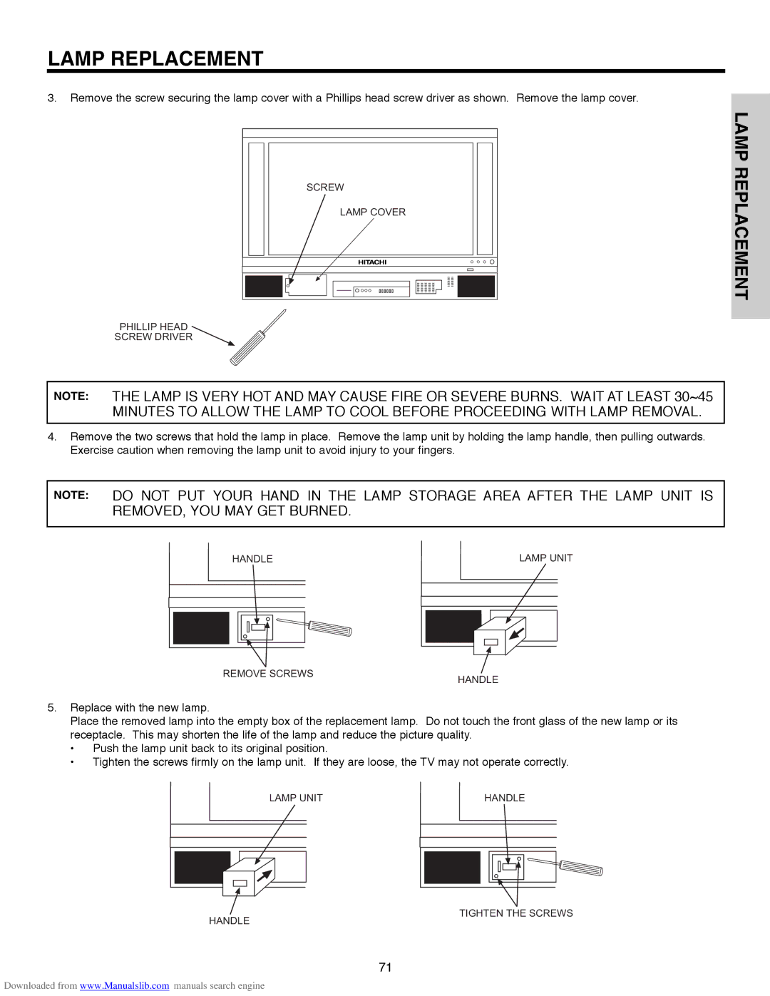 Hitachi 50V500E, 50V500G, 50V500A, 60V500E, 60V500A important safety instructions Screw 