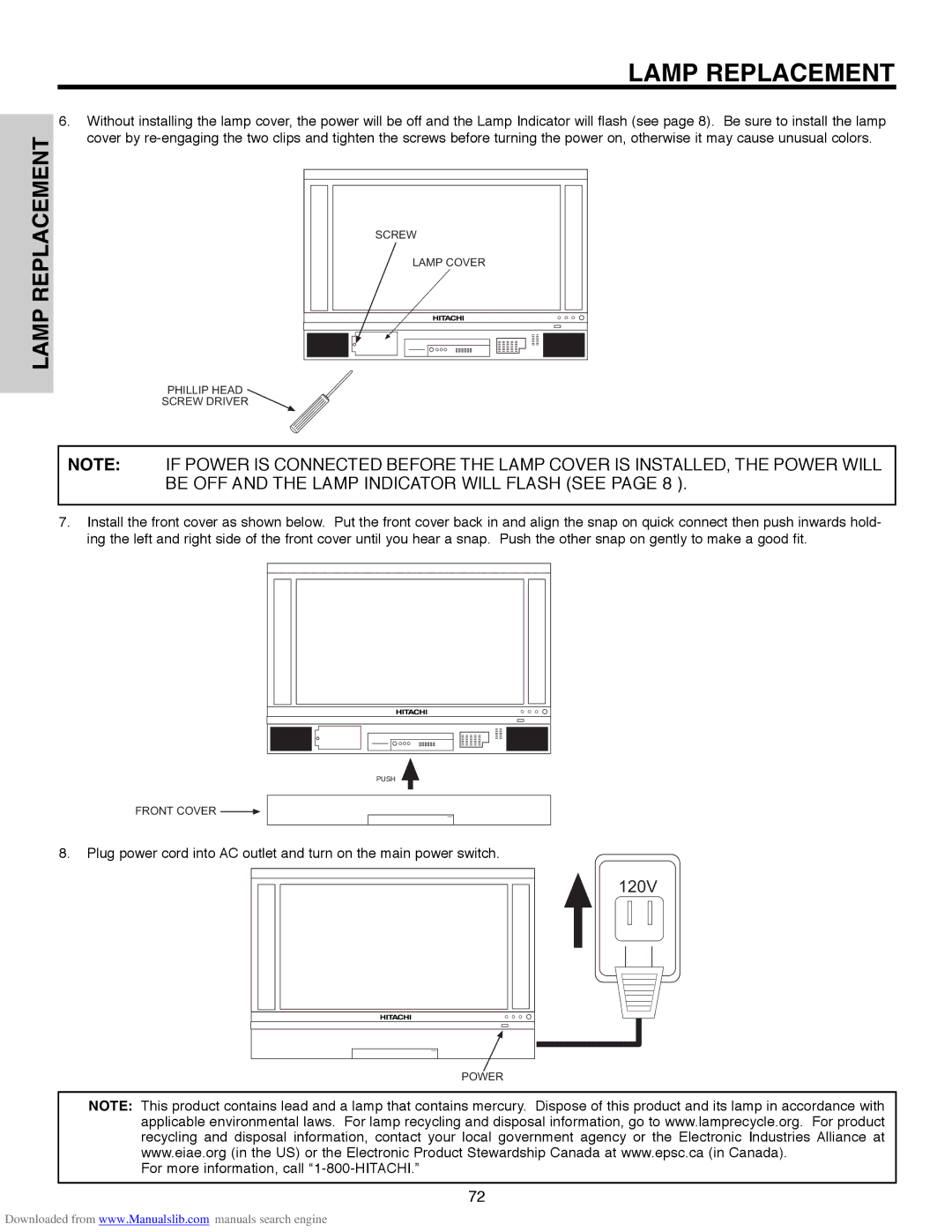 Hitachi 50V500A, 50V500G, 50V500E, 60V500E, 60V500A important safety instructions 120V 