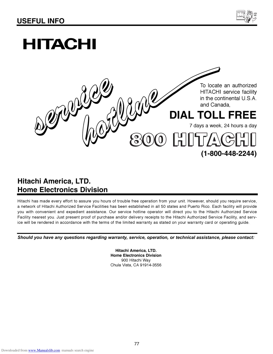 Hitachi 50V500A, 50V500G, 50V500E, 60V500E, 60V500A important safety instructions Dial Toll Free, Home Electronics Division 