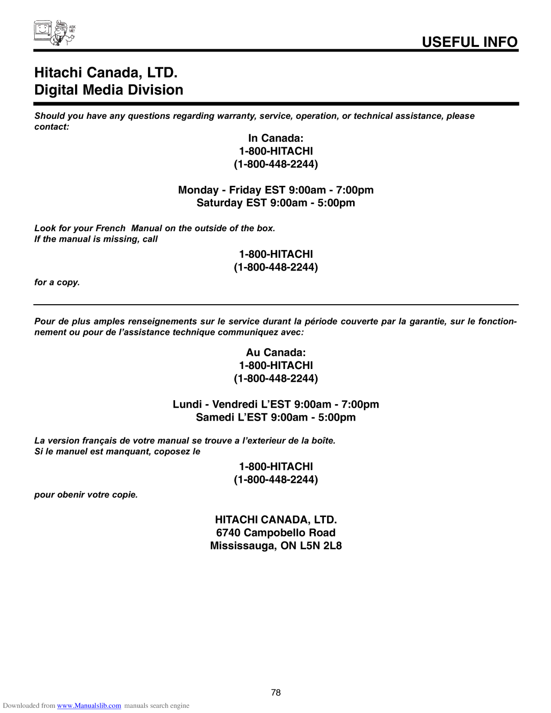 Hitachi 60V500E, 50V500G, 50V500E, 50V500A, 60V500A important safety instructions Digital Media Division 