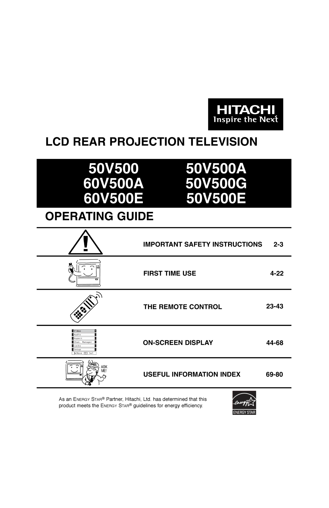 Hitachi 50V500E, 50V500G, 60V500E important safety instructions Important Safety Instructions First Time USE Remote Control 