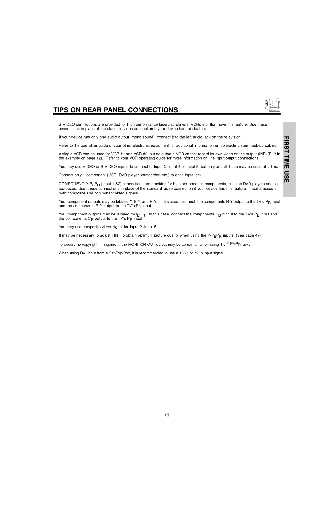 Hitachi 50V500E, 50V500G, 60V500E, 60V500A important safety instructions Tips on Rear Panel Connections 