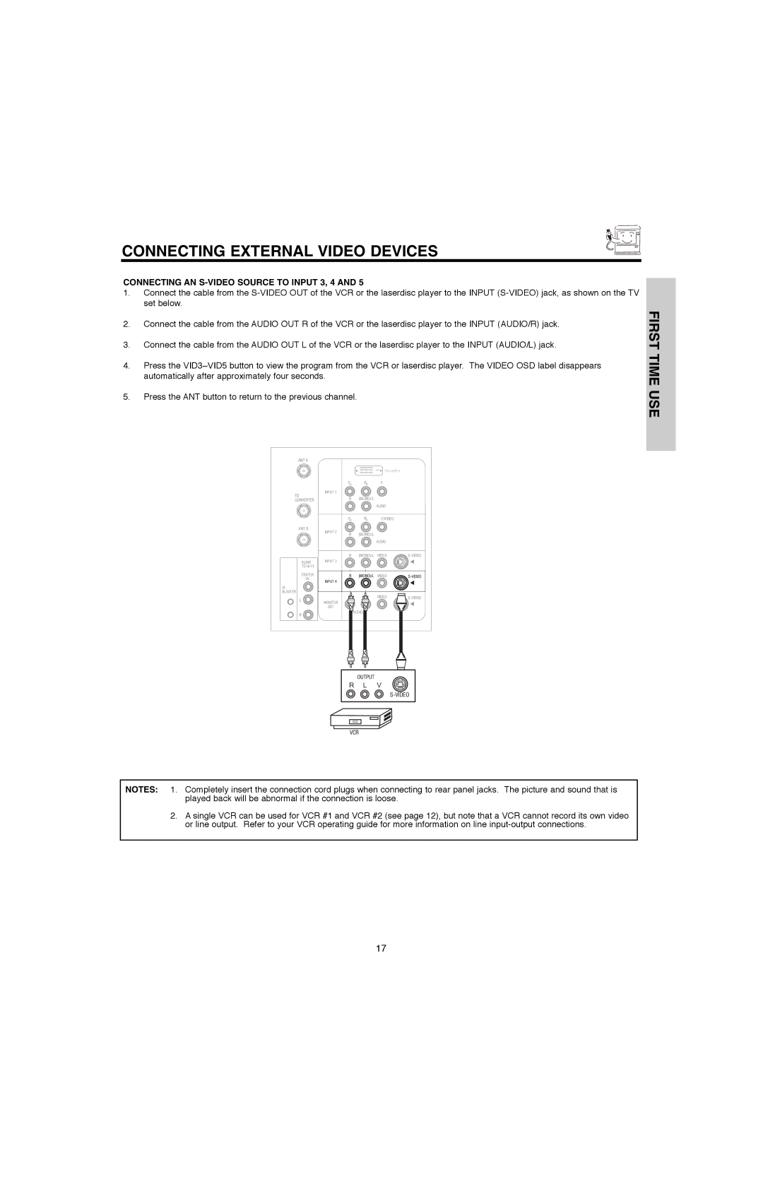 Hitachi 50V500E, 50V500G, 60V500E, 60V500A important safety instructions Connecting AN S-VIDEO Source to Input 3, 4 