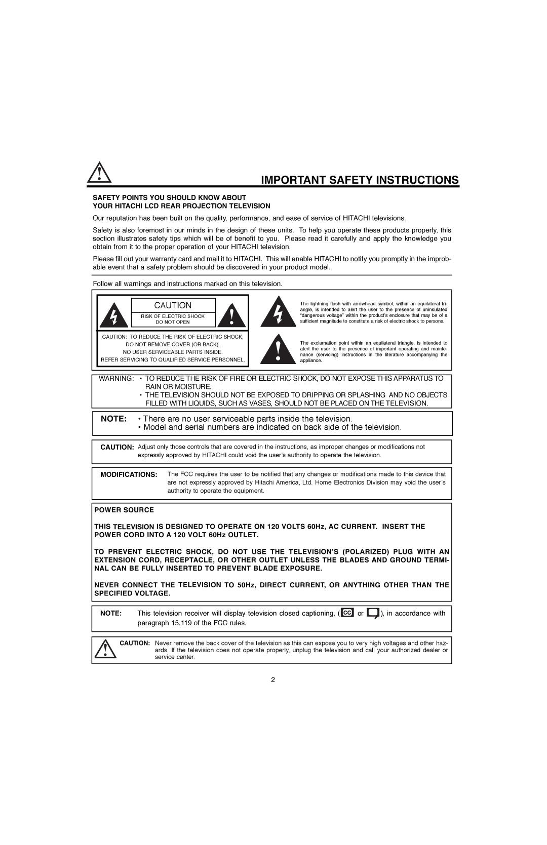 Hitachi 60V500E, 50V500G, 50V500E, 60V500A Important Safety Instructions, Refer Servicing to Qualified Service Personnel 