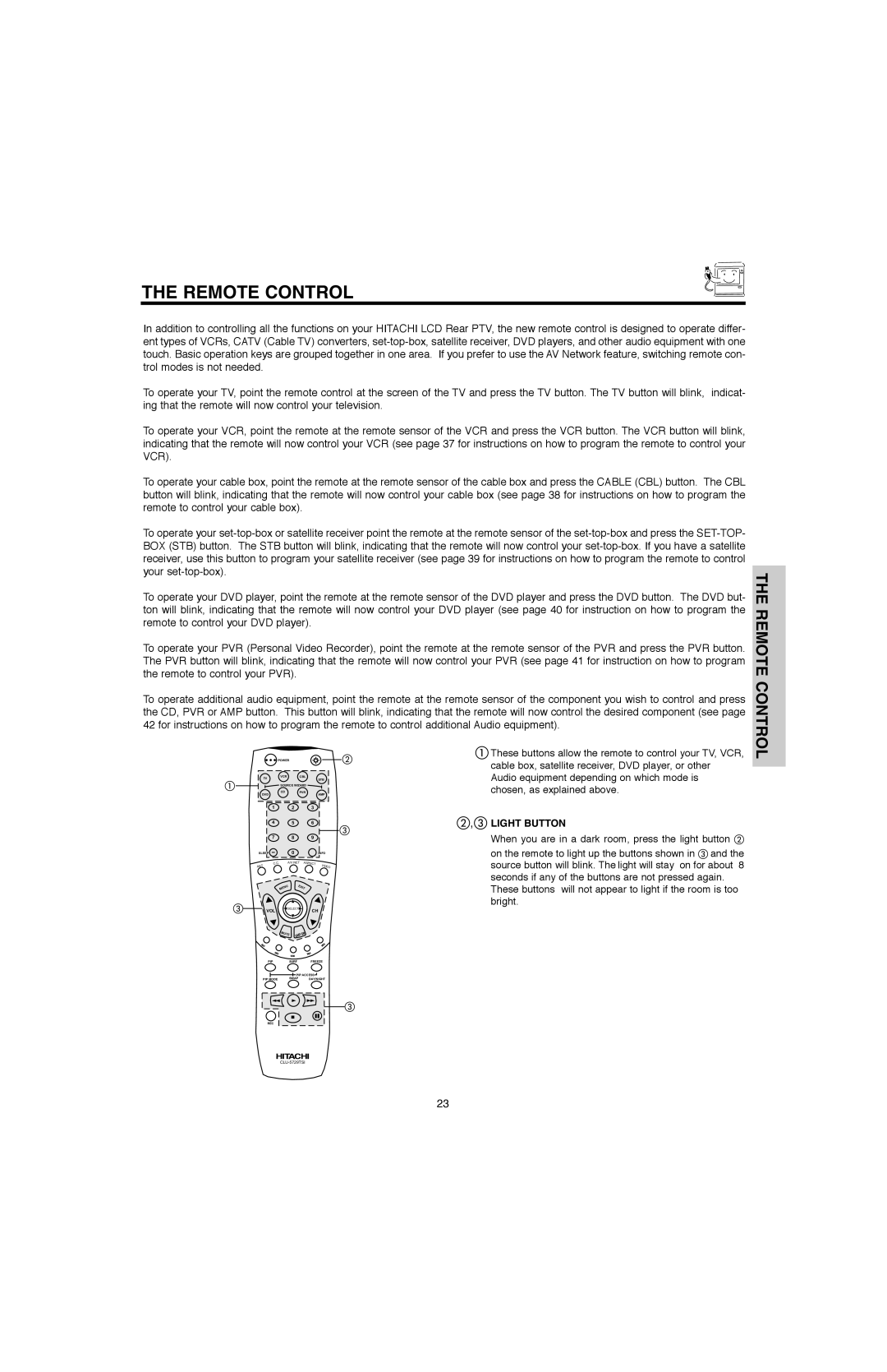 Hitachi 60V500A, 50V500G, 50V500E, 60V500E important safety instructions Remote Control, Light Button 