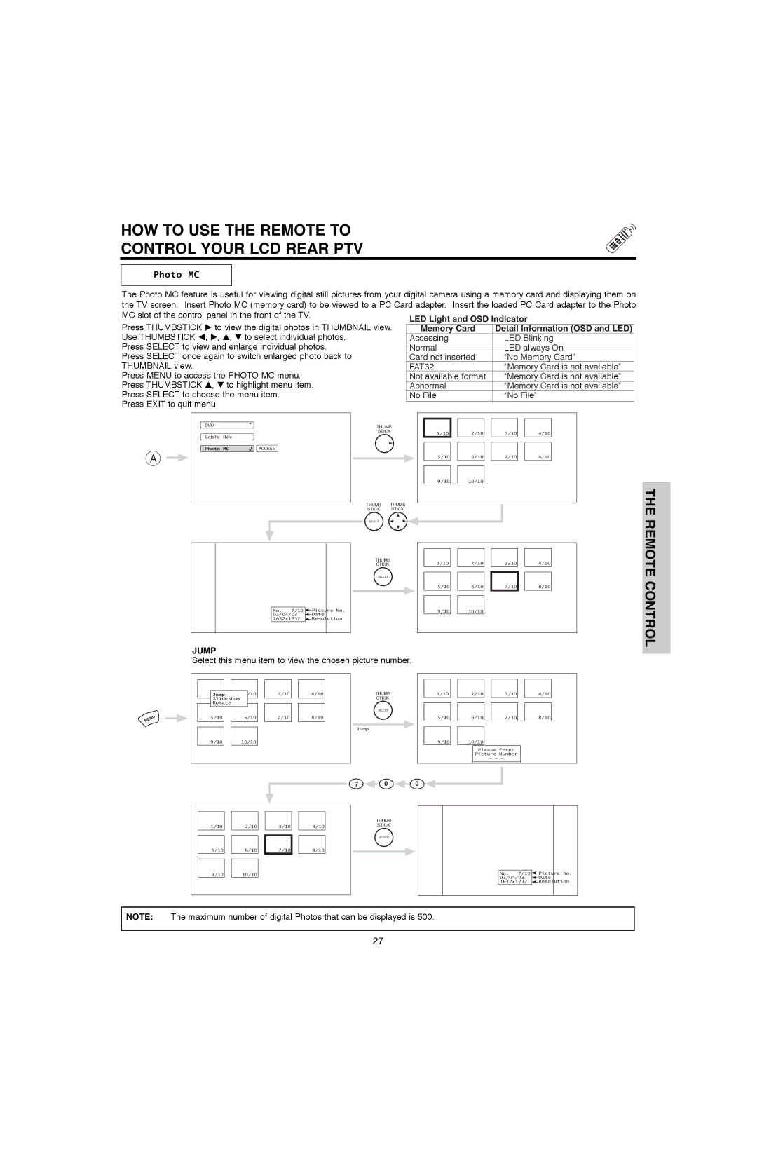 Hitachi 60V500A, 50V500G, 50V500E Photo MC, LED Light and OSD Indicator, Memory Card Detail Information OSD and LED, Jump 