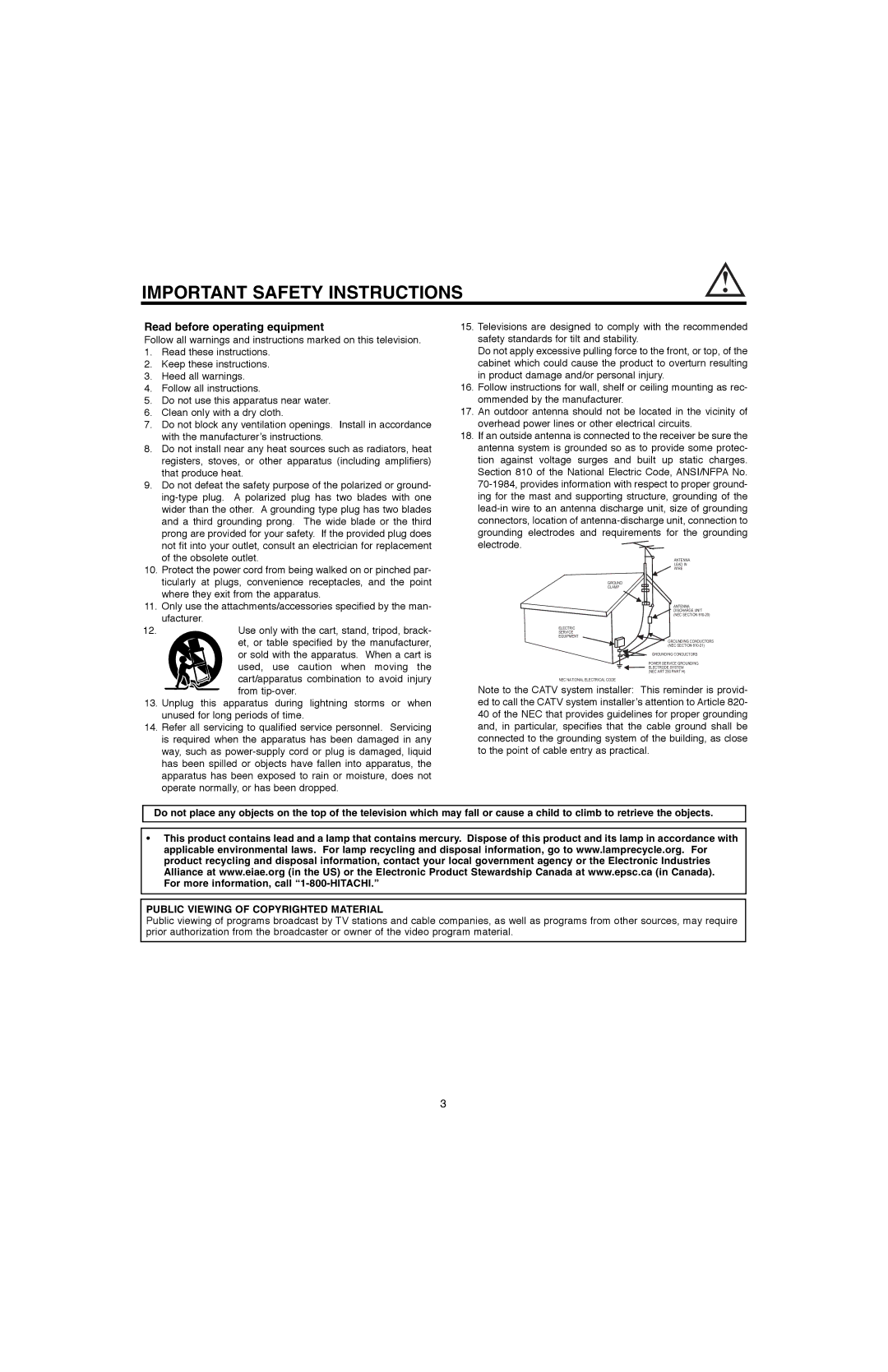 Hitachi 60V500A, 50V500G, 50V500E, 60V500E Read before operating equipment, Public Viewing of Copyrighted Material 