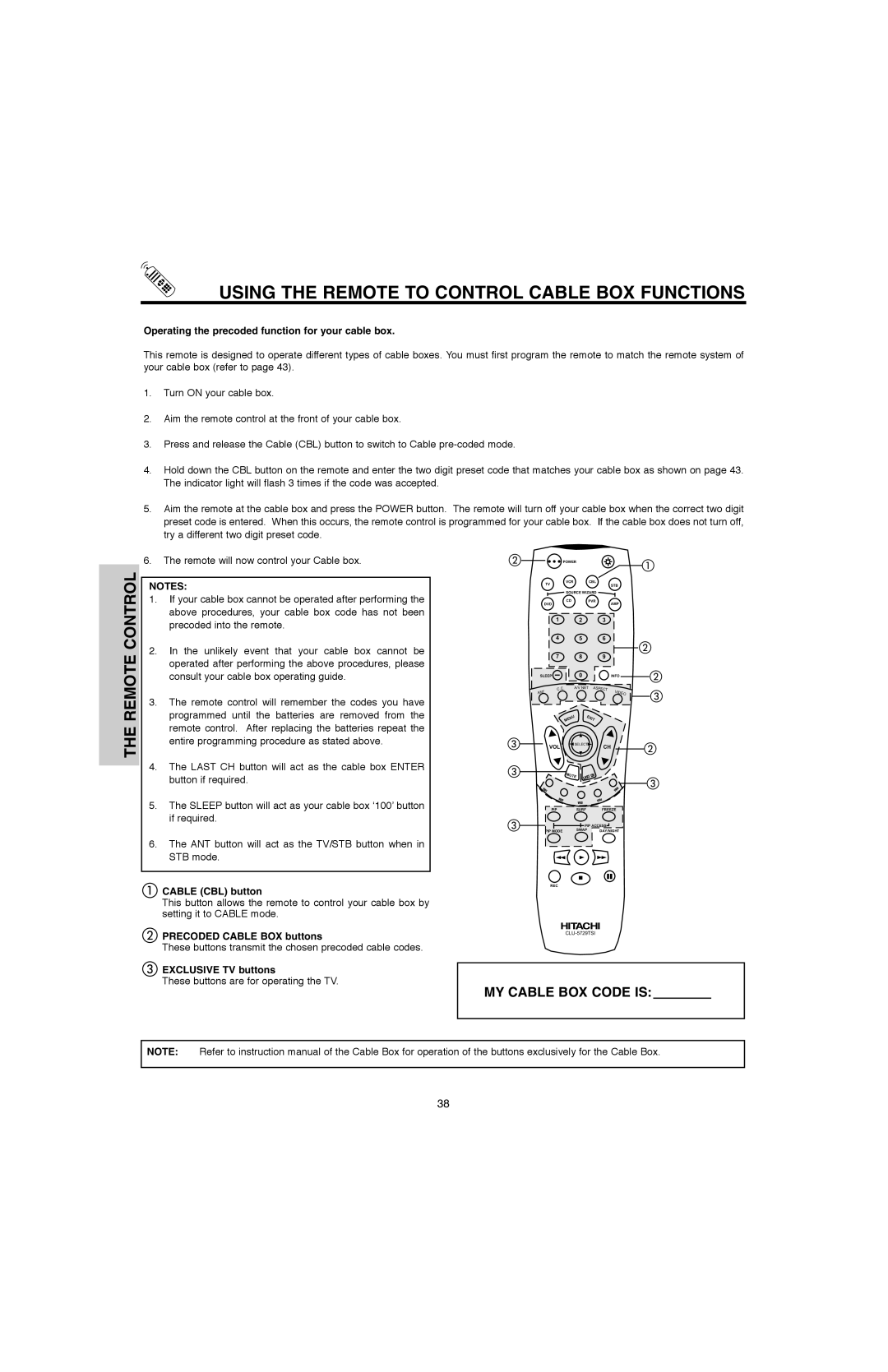 Hitachi 60V500E Using the Remote to Control Cable BOX Functions, Operating the precoded function for your cable box 