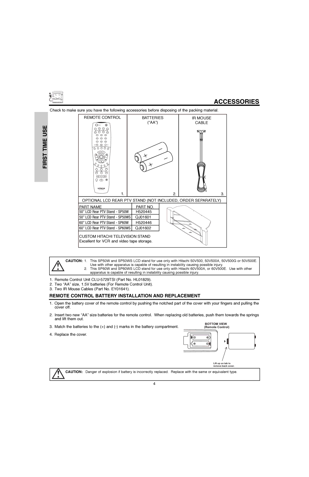 Hitachi 50V500G, 50V500E, 60V500E, 60V500A important safety instructions Accessories, First Time USE 