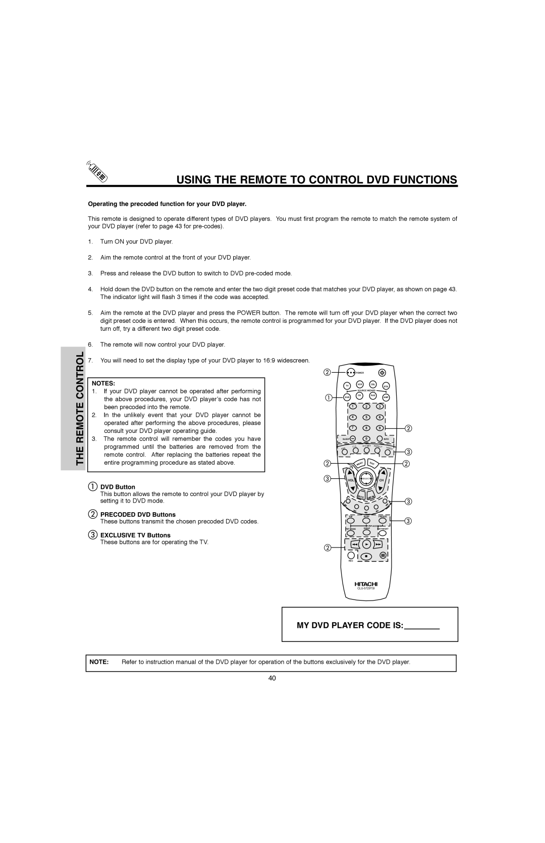 Hitachi 50V500G, 50V500E Using the Remote to Control DVD Functions, Operating the precoded function for your DVD player 