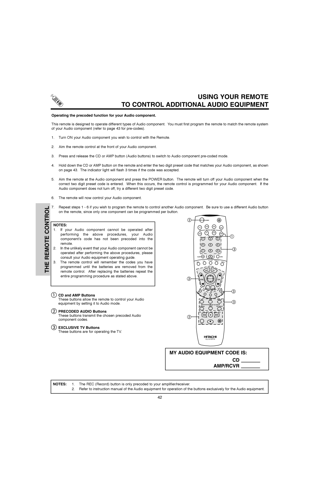 Hitachi 60V500E, 50V500G, 50V500E, 60V500A Using Your Remote To Control Additional Audio Equipment, Precoded Audio Buttons 