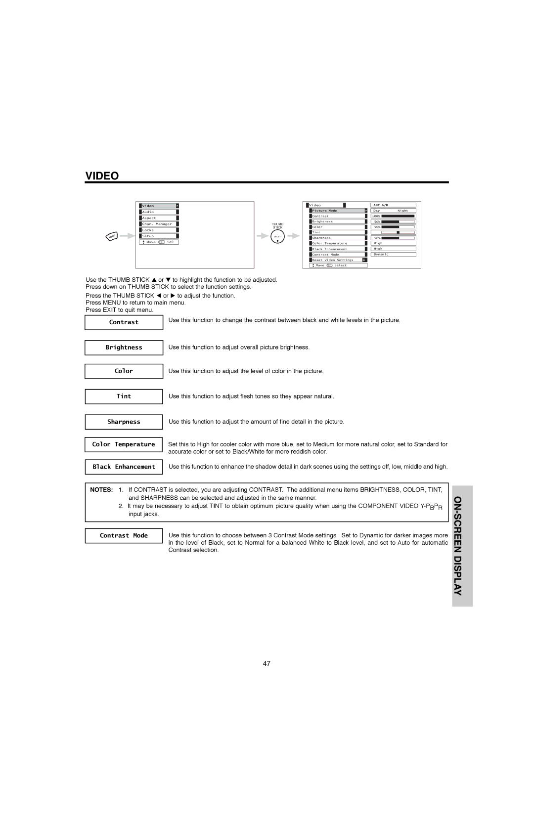 Hitachi 60V500A, 50V500G, 50V500E, 60V500E important safety instructions Contrast, Video 