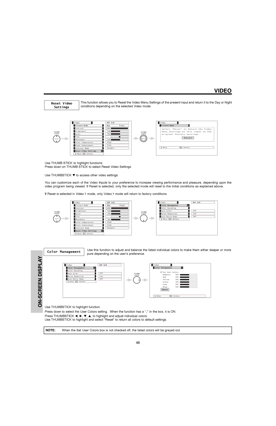 Hitachi 50V500G, 50V500E, 60V500E, 60V500A Reset Video Settings, Color Management, Pure depending on the user’s preference 