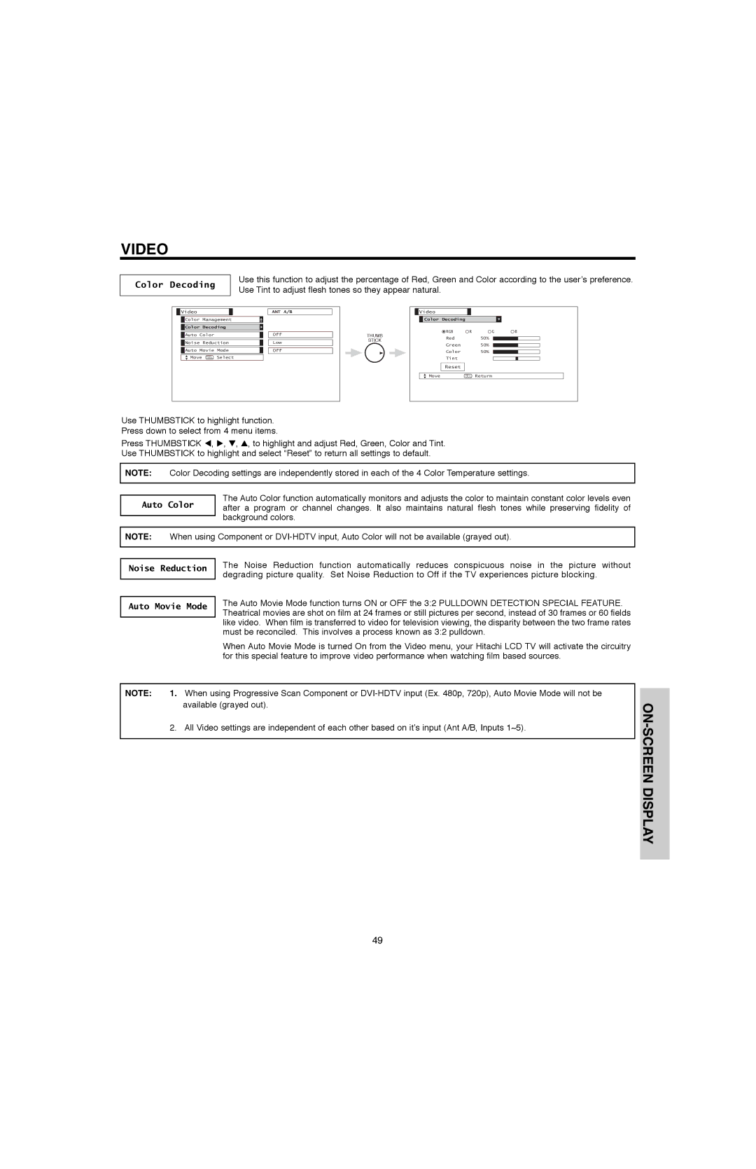 Hitachi 50V500E, 50V500G, 60V500E, 60V500A Color Decoding, Auto Color, Noise Reduction Auto Movie Mode 
