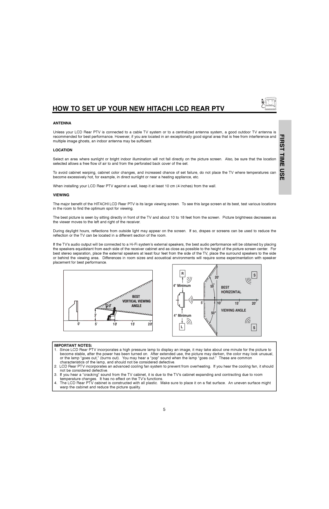 Hitachi 50V500E, 50V500G, 60V500E, 60V500A important safety instructions HOW to SET UP Your NEW Hitachi LCD Rear PTV 