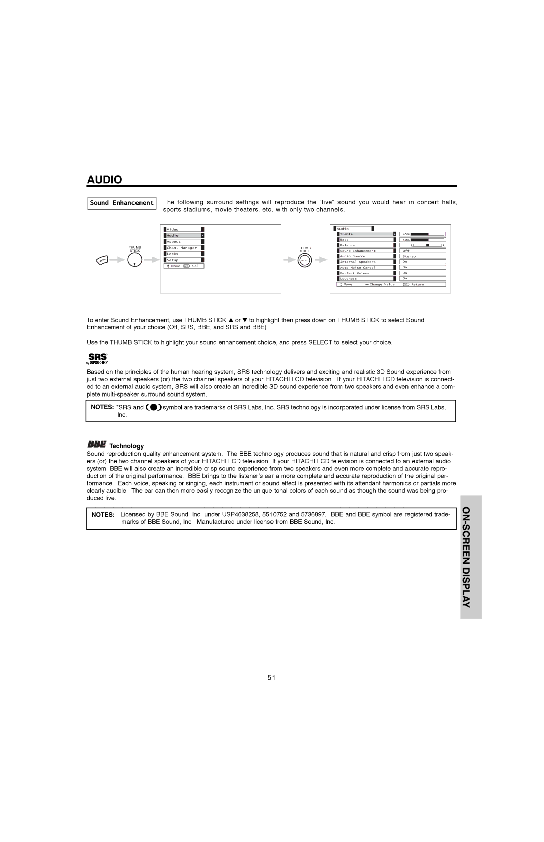 Hitachi 60V500A, 50V500G, 50V500E, 60V500E important safety instructions Sound Enhancement, Technology 