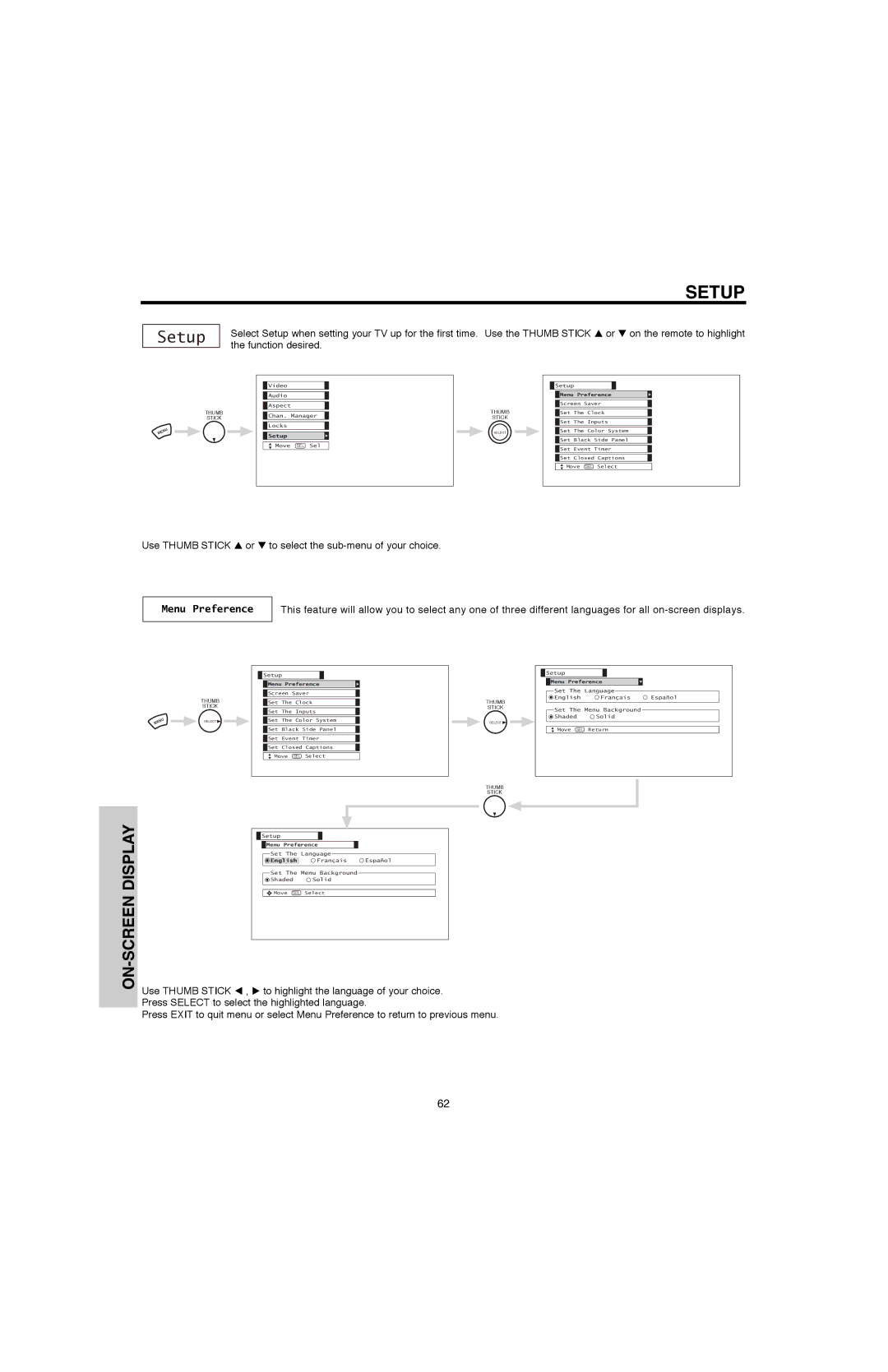 Hitachi 60V500E, 50V500G, 50V500E, 60V500A important safety instructions Setup, Menu Preference, Display 