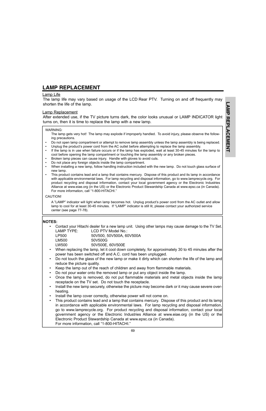 Hitachi 50V500E, 50V500G, 60V500E, 60V500A important safety instructions Lamp Replacement 