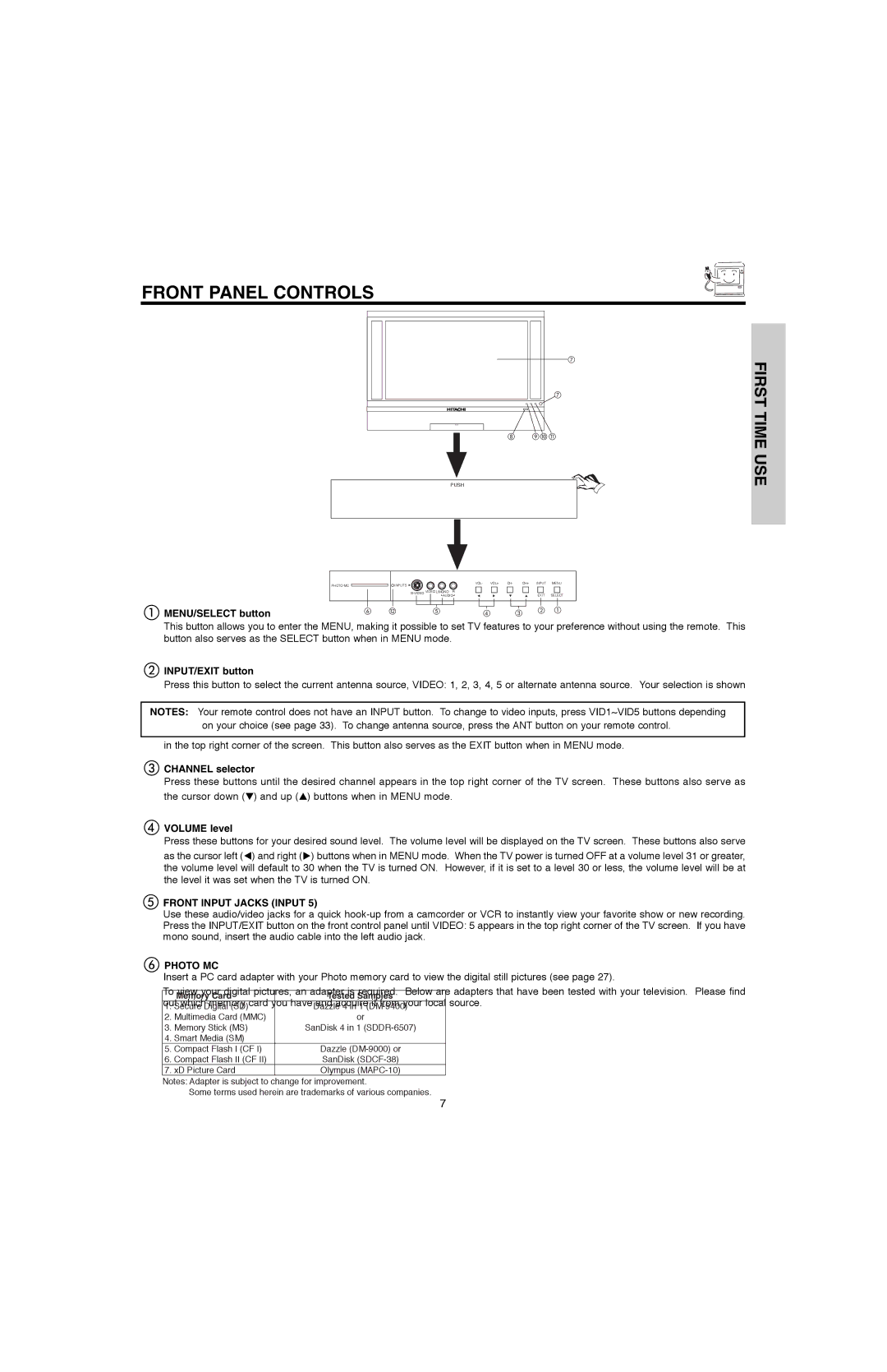 Hitachi 60V500A, 50V500G, 50V500E, 60V500E Front Panel Controls, Front Input Jacks Input, Photo MC 