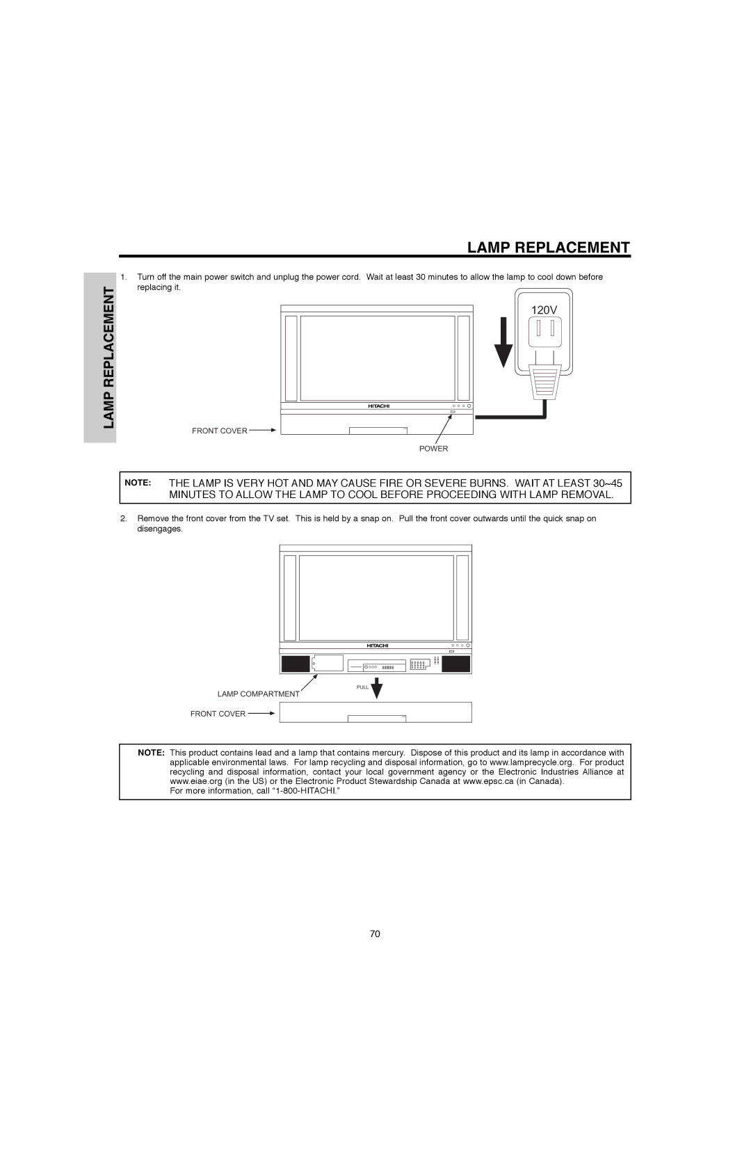 Hitachi 60V500E, 50V500G, 50V500E, 60V500A important safety instructions Lamp Replacement 