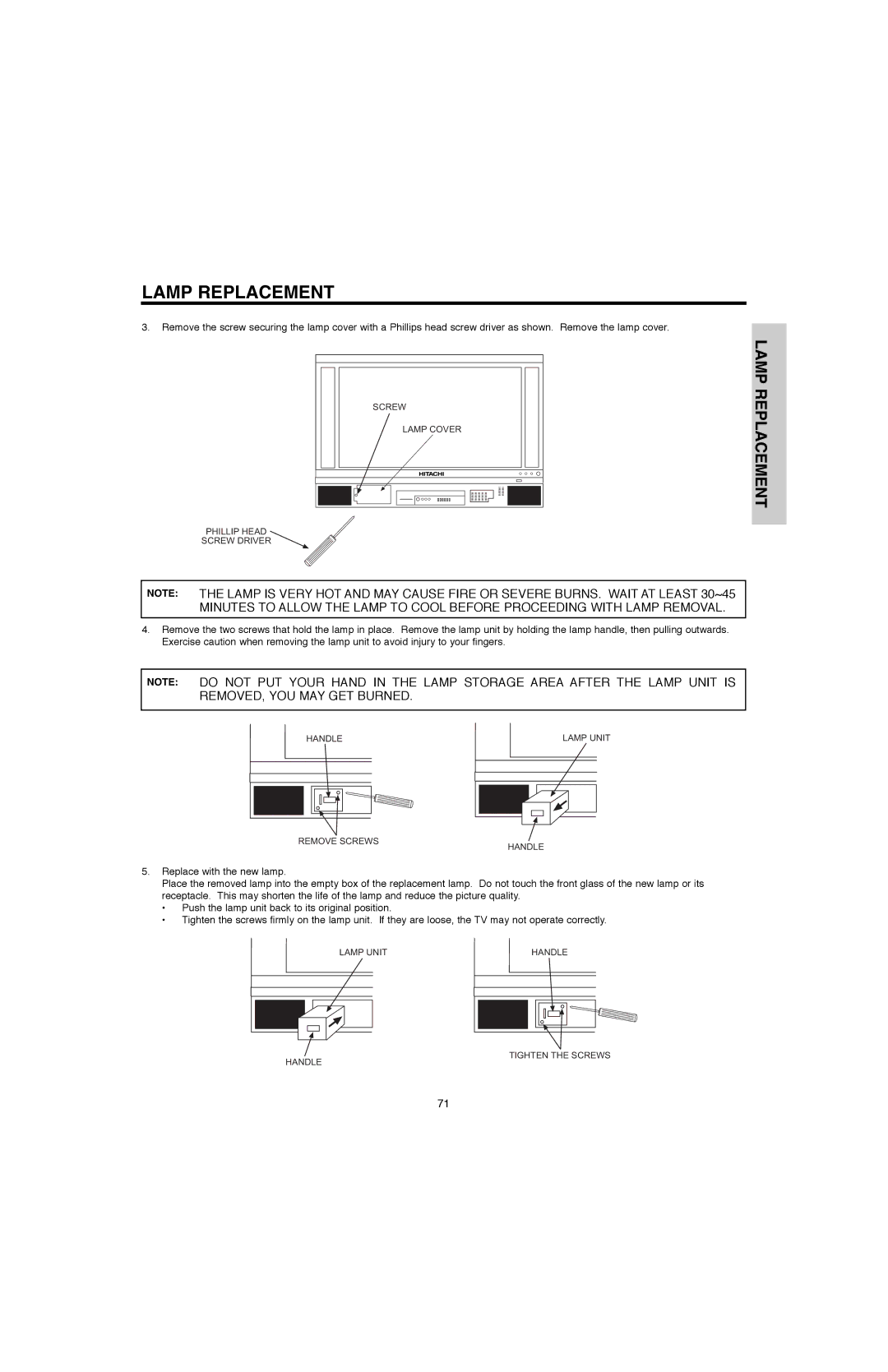 Hitachi 60V500A, 50V500G, 50V500E, 60V500E important safety instructions Screw 