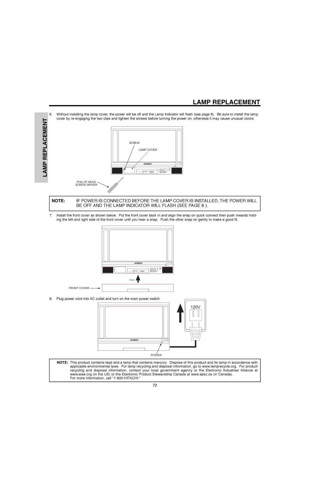 Hitachi 50V500G, 50V500E, 60V500E, 60V500A important safety instructions 120V 