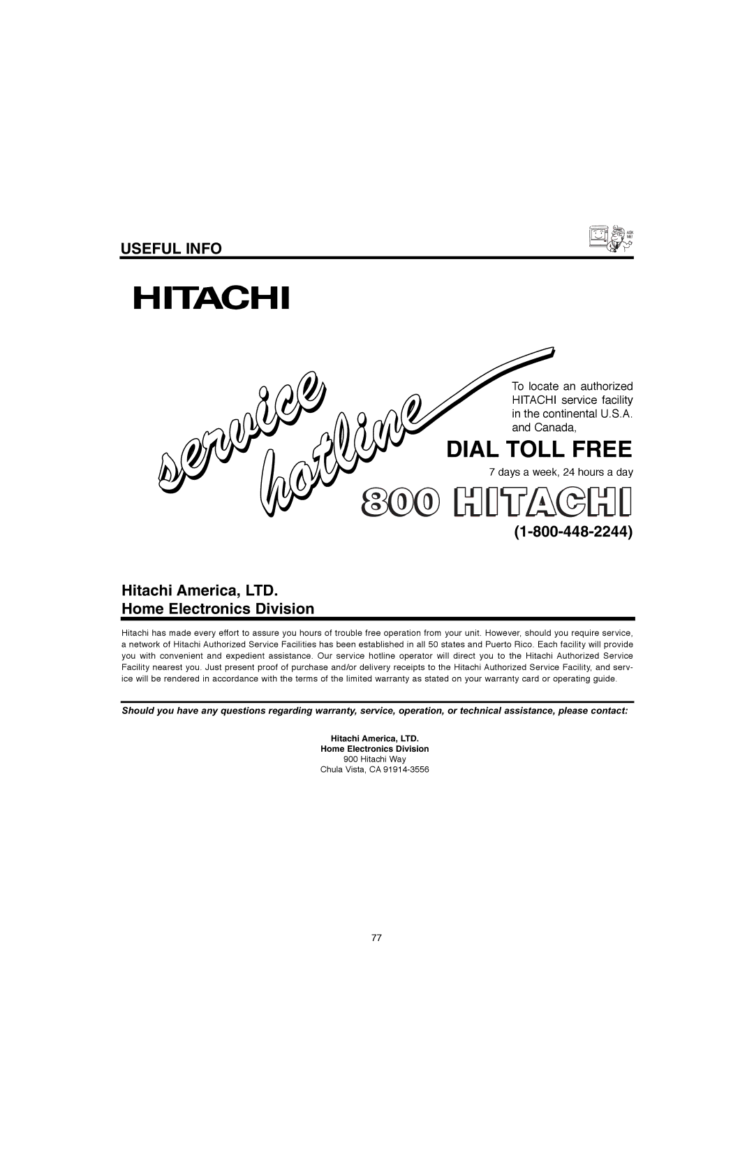 Hitachi 50V500E, 50V500G, 60V500E, 60V500A important safety instructions Dial Toll Free, Home Electronics Division 