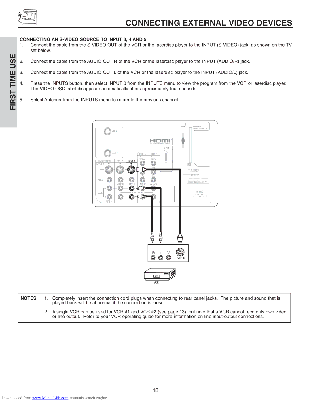 Hitachi 60V710, 50V715, 50V710, 42V715, 60V715 Connecting AN S-VIDEO Source to Input 3, 4, TV AS Center 