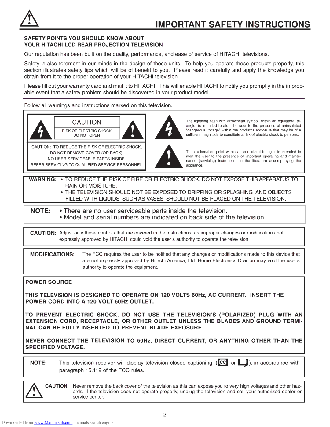 Hitachi 42V715, 50V715, 50V710, 60V710, 60V715 Important Safety Instructions, Refer Servicing to Qualified Service Personnel 