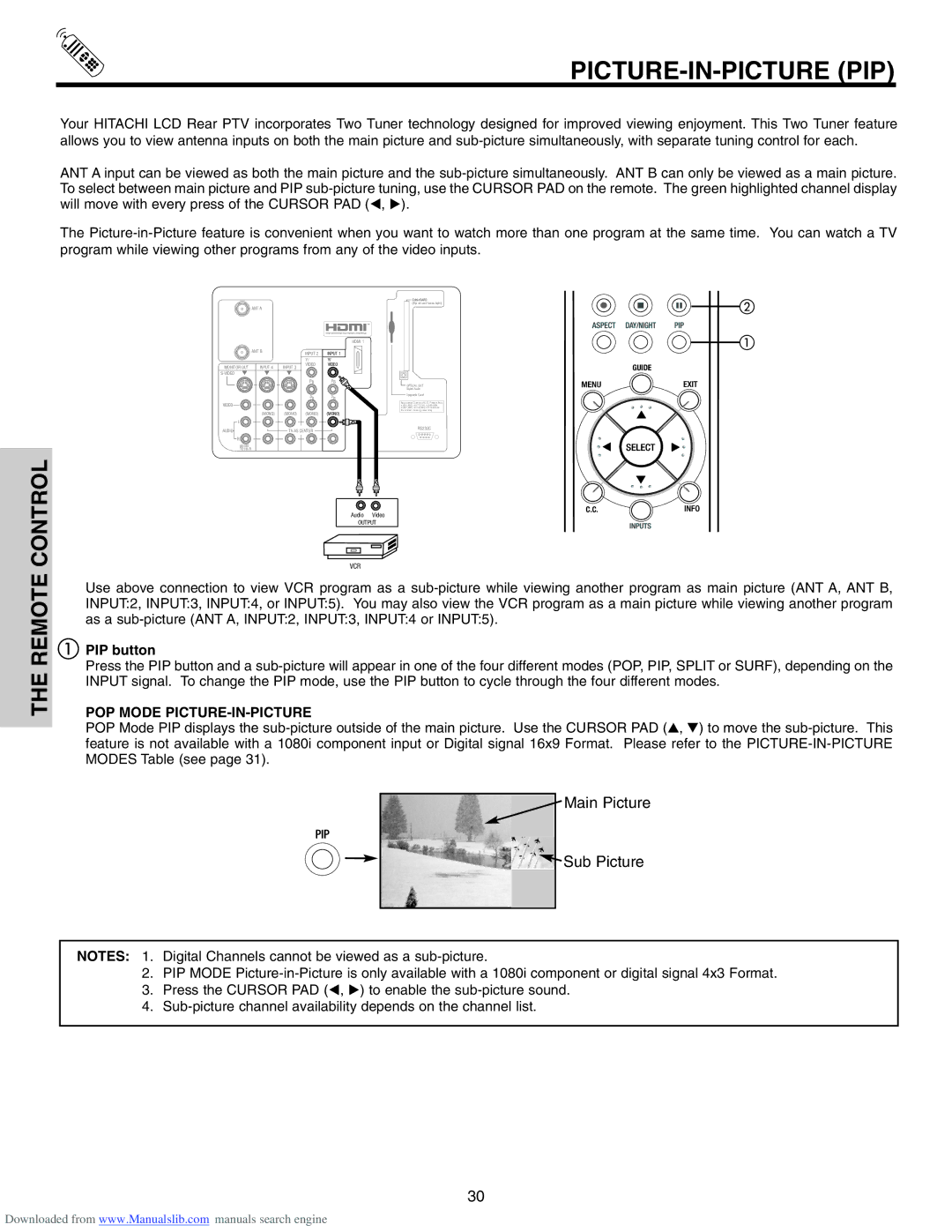 Hitachi 50V715, 50V710, 42V715, 60V710, 60V715 Picture-In-Picture Pip, PIP button, POP Mode PICTURE-IN-PICTURE 