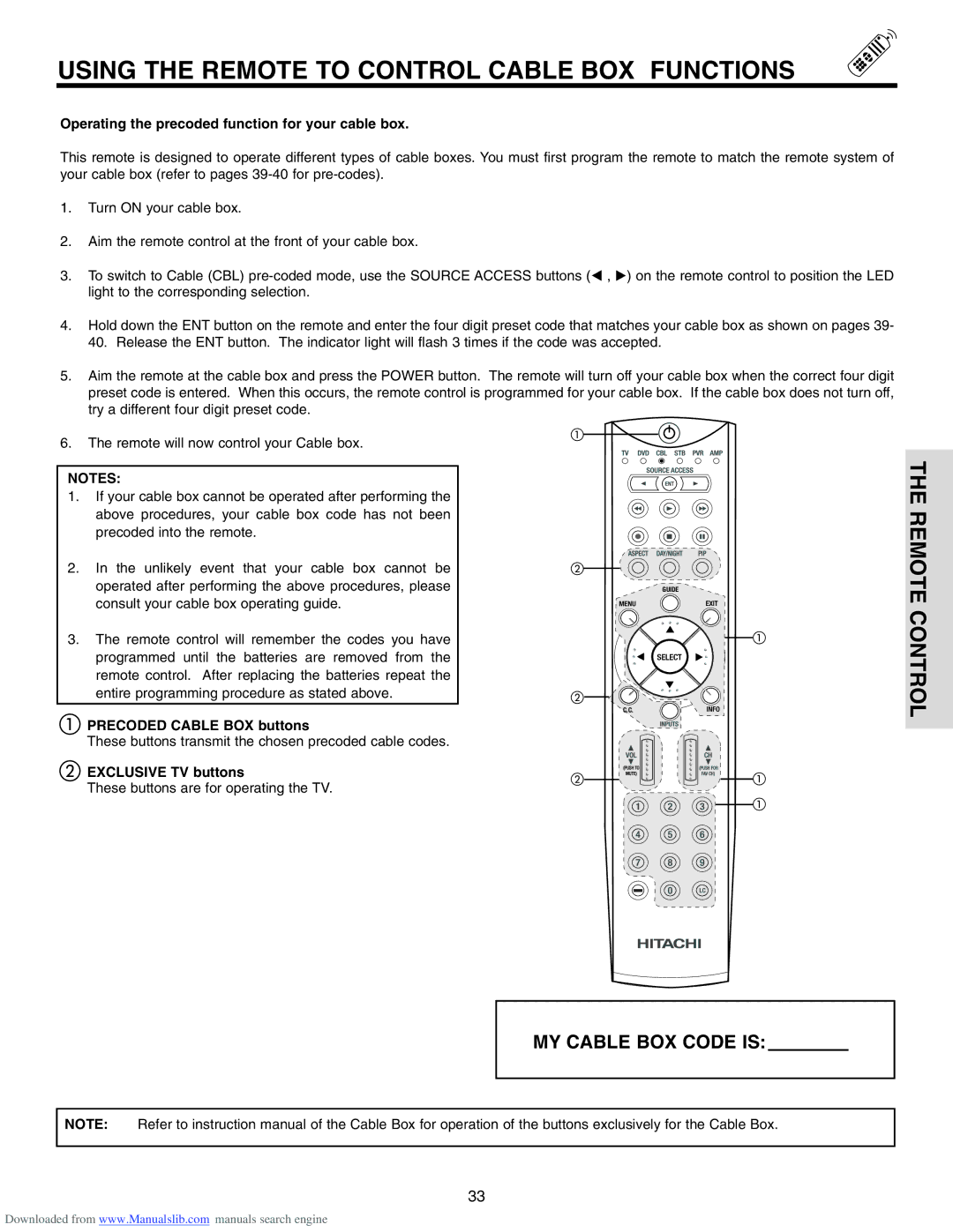 Hitachi 60V710, 50V715 Using the Remote to Control Cable BOX Functions, Operating the precoded function for your cable box 