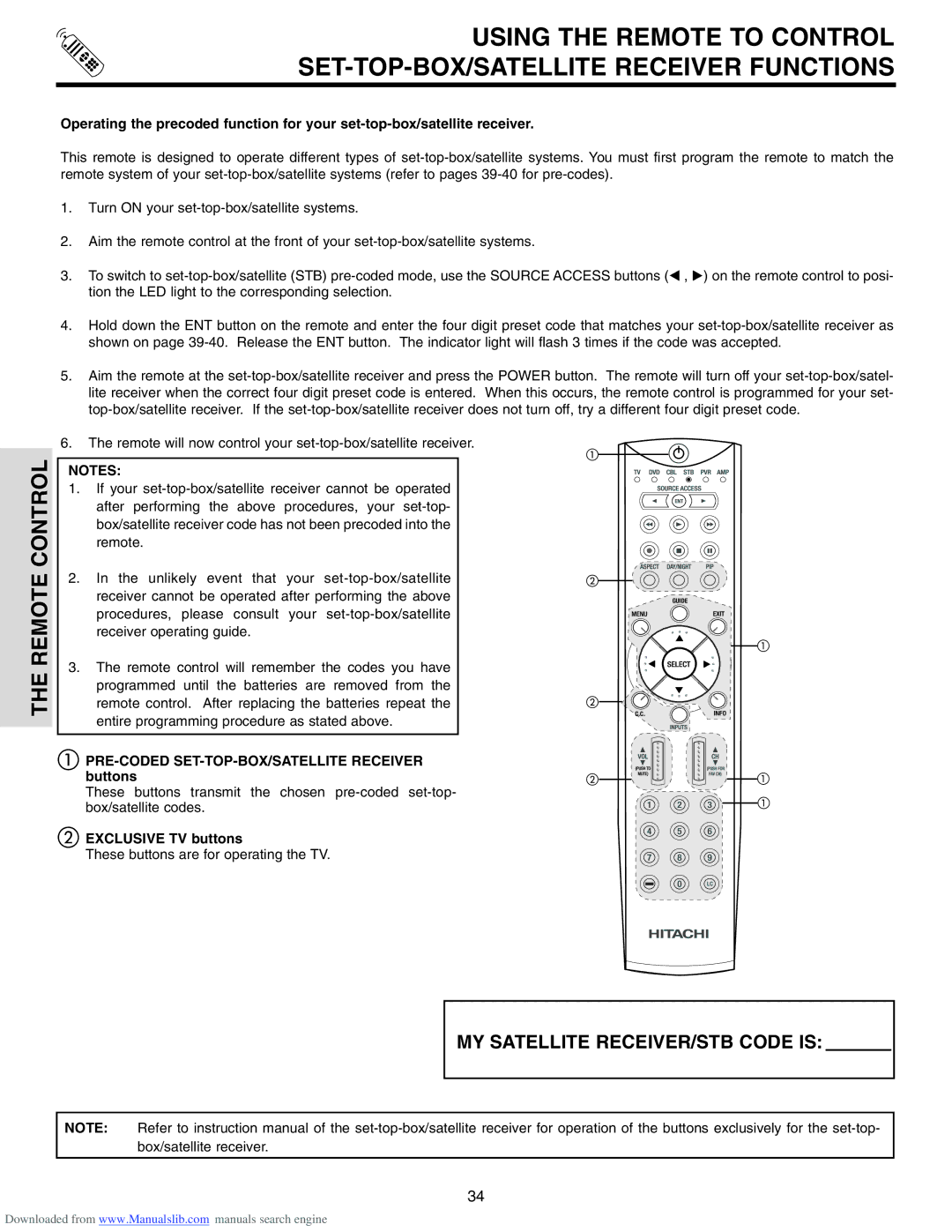 Hitachi 60V715, 50V715, 50V710, 42V715, 60V710 important safety instructions PRE-CODED SET-TOP-BOX/SATELLITE Receiver buttons 