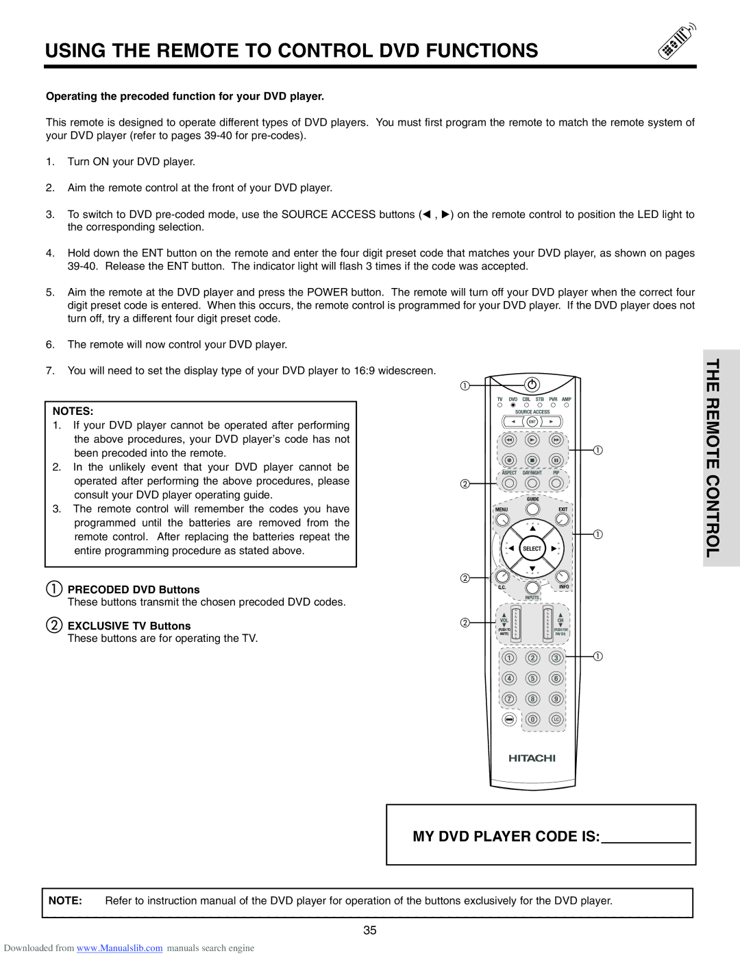 Hitachi 50V715, 50V710 Using the Remote to Control DVD Functions, Operating the precoded function for your DVD player 