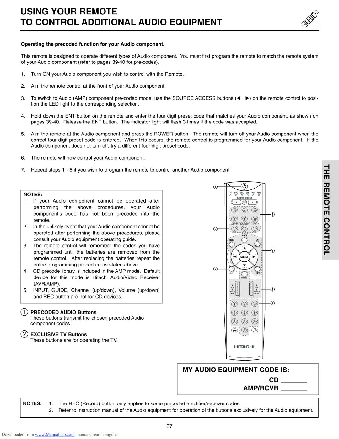 Hitachi 42V715, 50V715, 50V710, 60V710 Using Your Remote To Control Additional Audio Equipment, Precoded Audio Buttons 