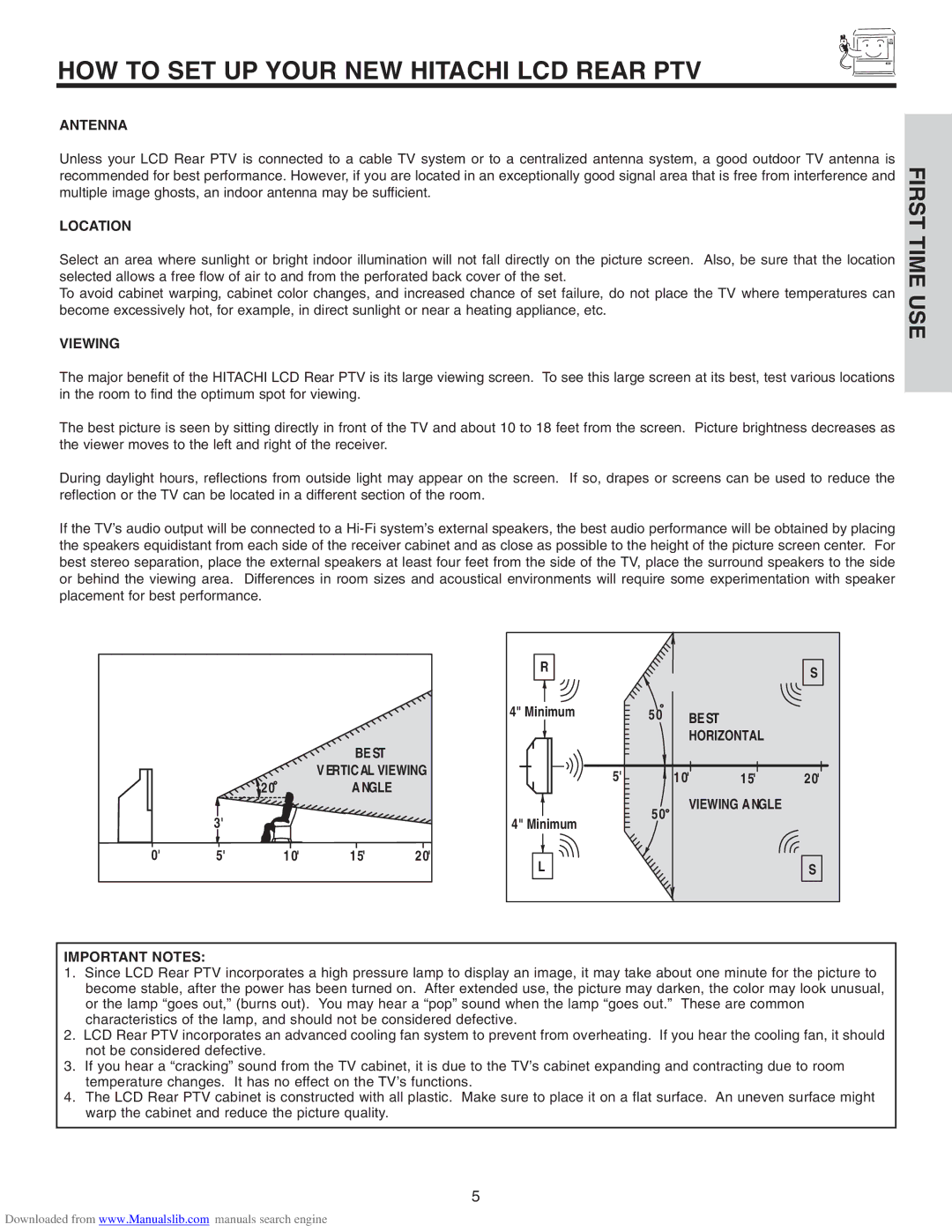 Hitachi 50V715, 50V710, 42V715, 60V710, 60V715 important safety instructions HOW to SET UP Your NEW Hitachi LCD Rear PTV 