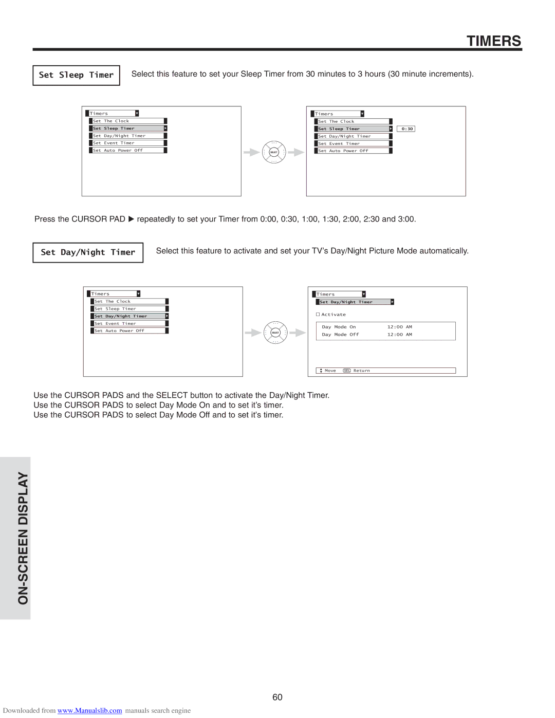 Hitachi 50V715, 50V710, 42V715, 60V710, 60V715 important safety instructions Set Sleep Timer, Set Day/Night Timer 