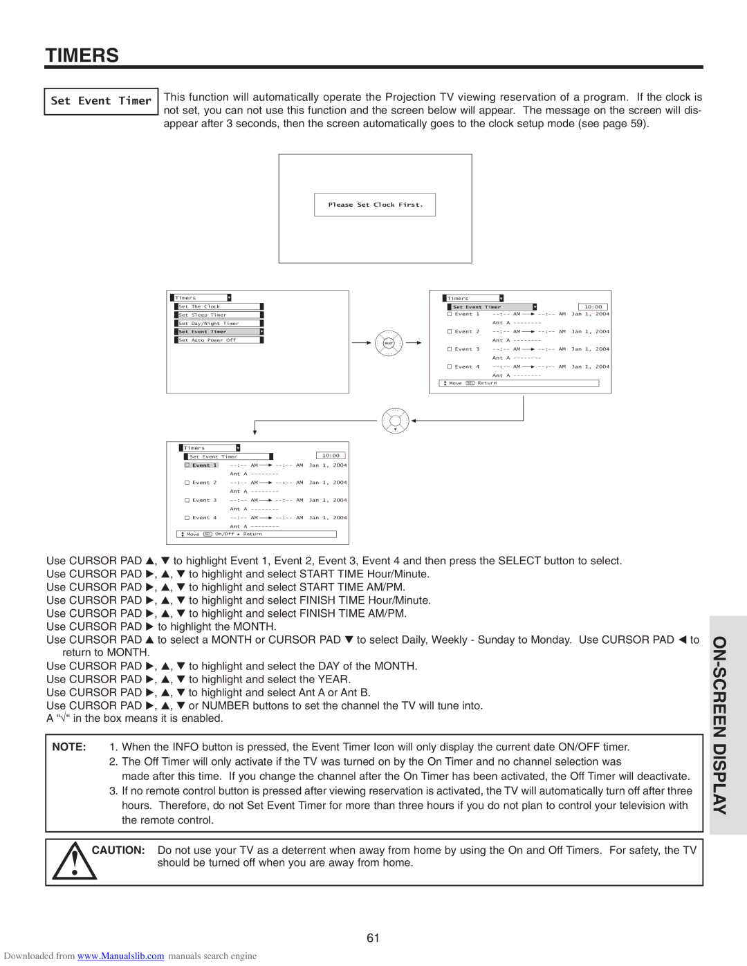 Hitachi 50V710, 50V715, 42V715, 60V710, 60V715 important safety instructions Set Event Timer, Please Set Clock First 