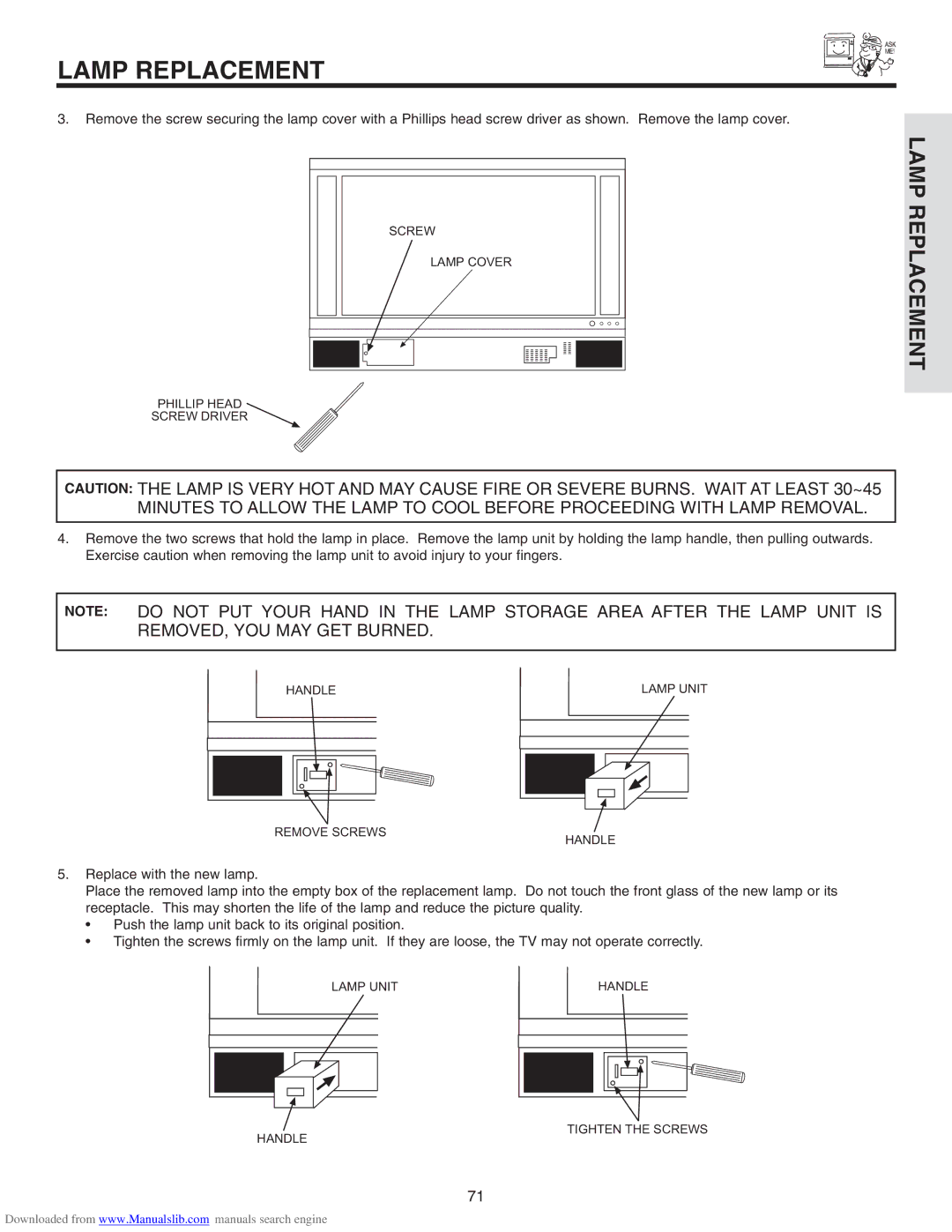 Hitachi 50V710, 50V715, 42V715, 60V710, 60V715 important safety instructions Screw Lamp Cover Phillip Head Screw Driver 