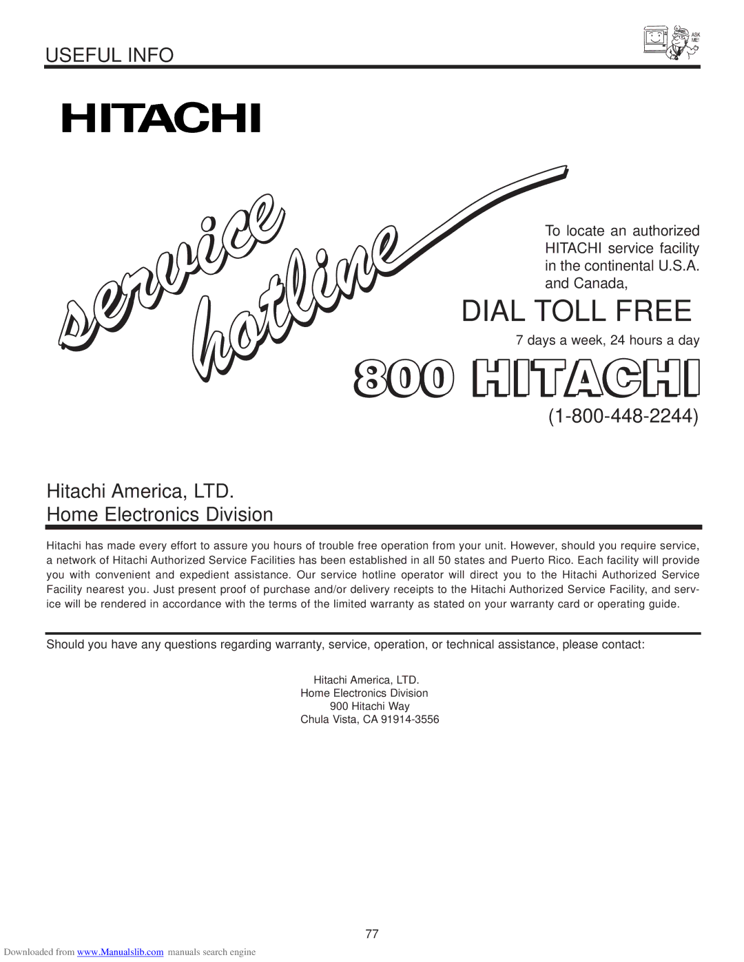 Hitachi 42V715, 50V715, 50V710, 60V710, 60V715 important safety instructions Dial Toll Free, Home Electronics Division 