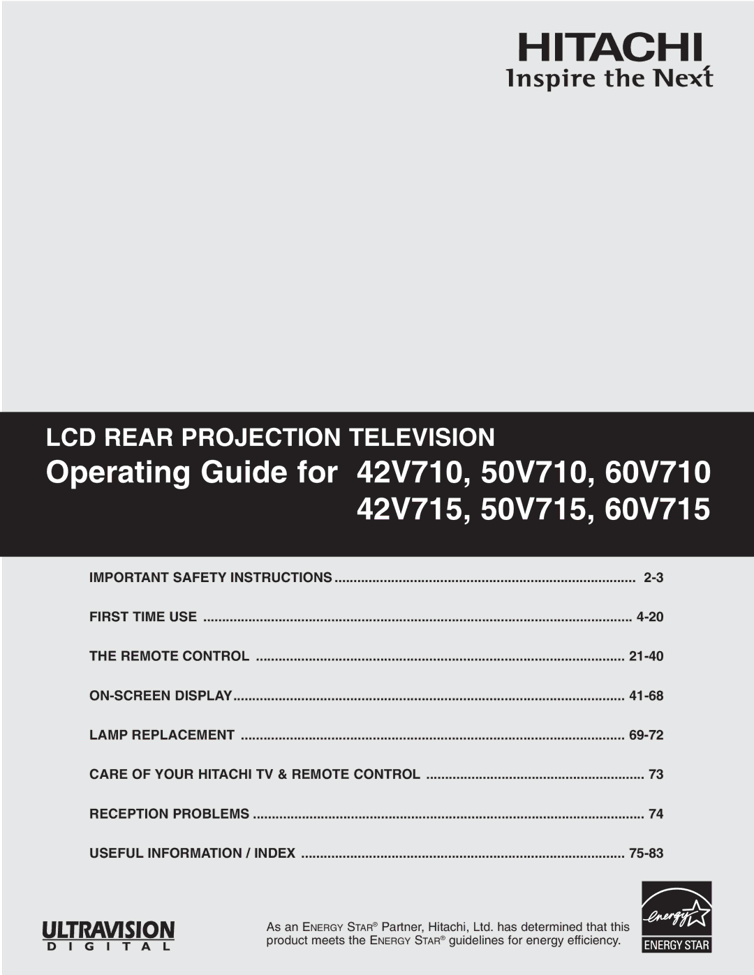 Hitachi 60V715 important safety instructions Operating Guide for 42V710, 50V710, 60V710 42V715, 50V715 