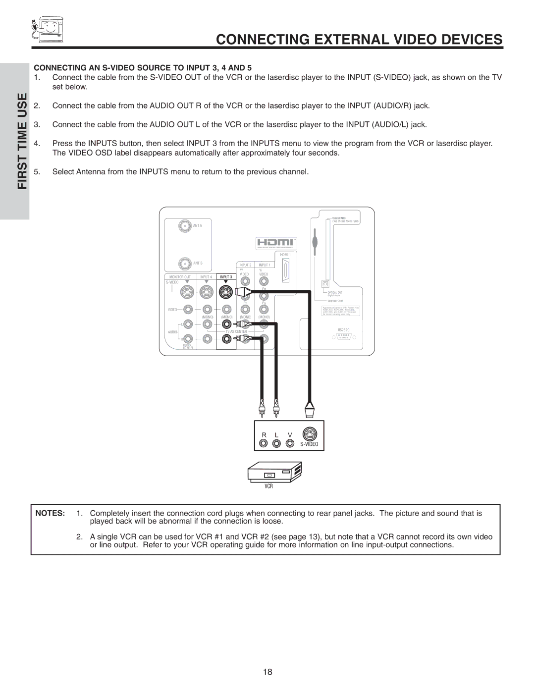 Hitachi 60V715, 50V715, 50V710, 42V715, 42V710 Connecting AN S-VIDEO Source to Input 3, 4, TV AS Center 