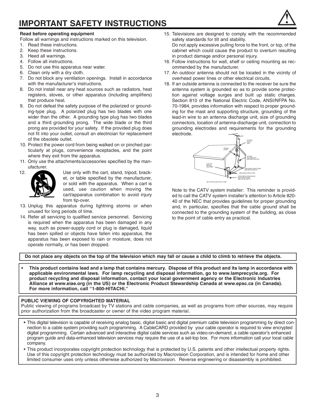 Hitachi 60V715, 50V715, 50V710, 42V715, 42V710 Read before operating equipment, Public Viewing of Copyrighted Material 