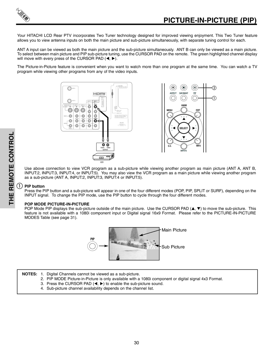 Hitachi 50V715, 50V710, 42V715, 60V715, 42V710 Picture-In-Picture Pip, PIP button, POP Mode PICTURE-IN-PICTURE 