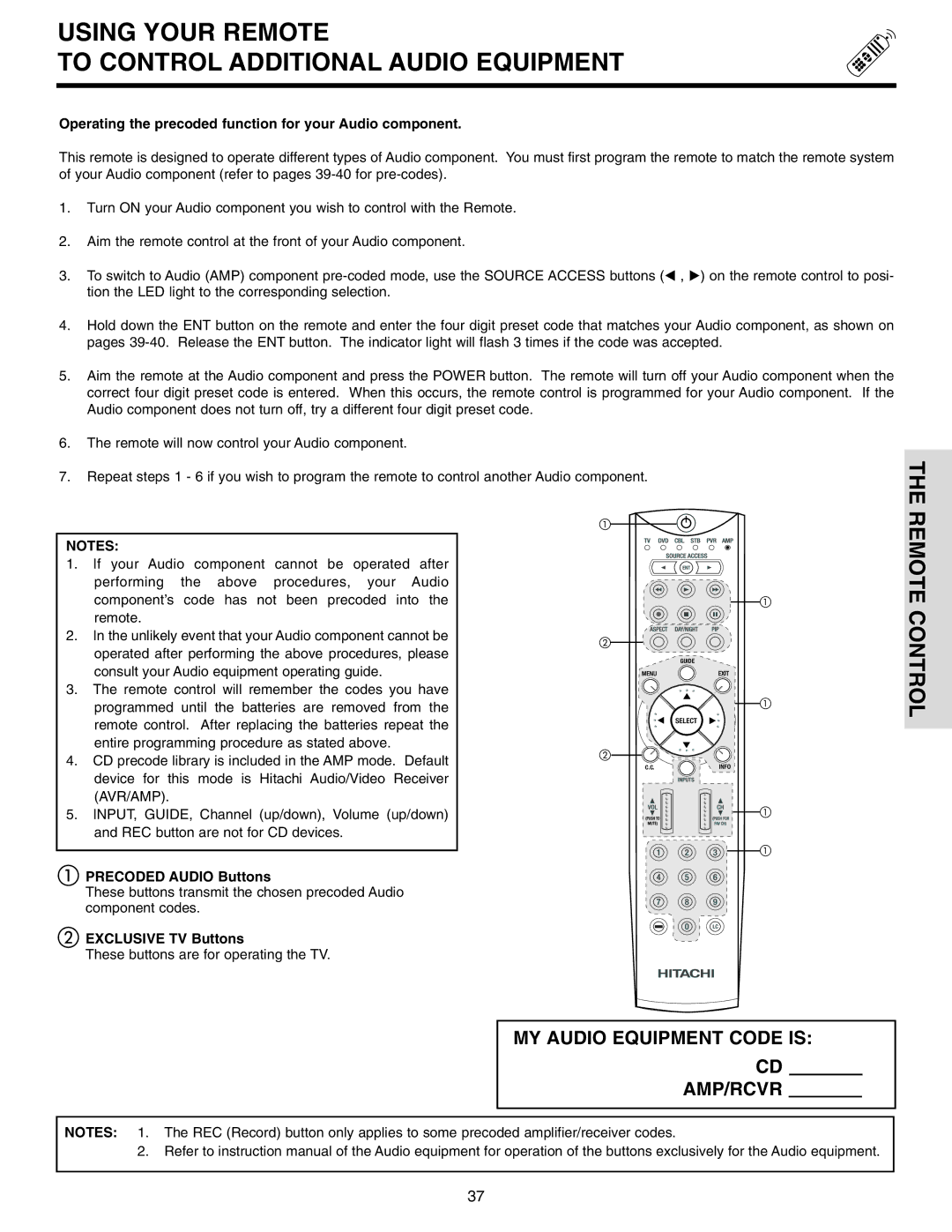 Hitachi 42V715, 50V715, 50V710, 60V715 Using Your Remote To Control Additional Audio Equipment, Precoded Audio Buttons 