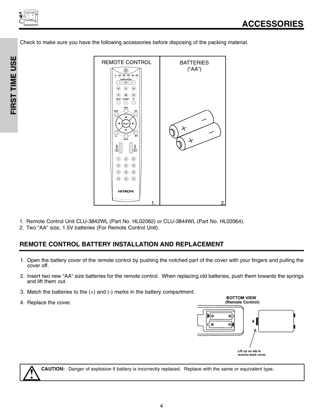 Hitachi 42V710, 50V715, 50V710, 42V715, 60V715 important safety instructions Accessories, First Time USE 