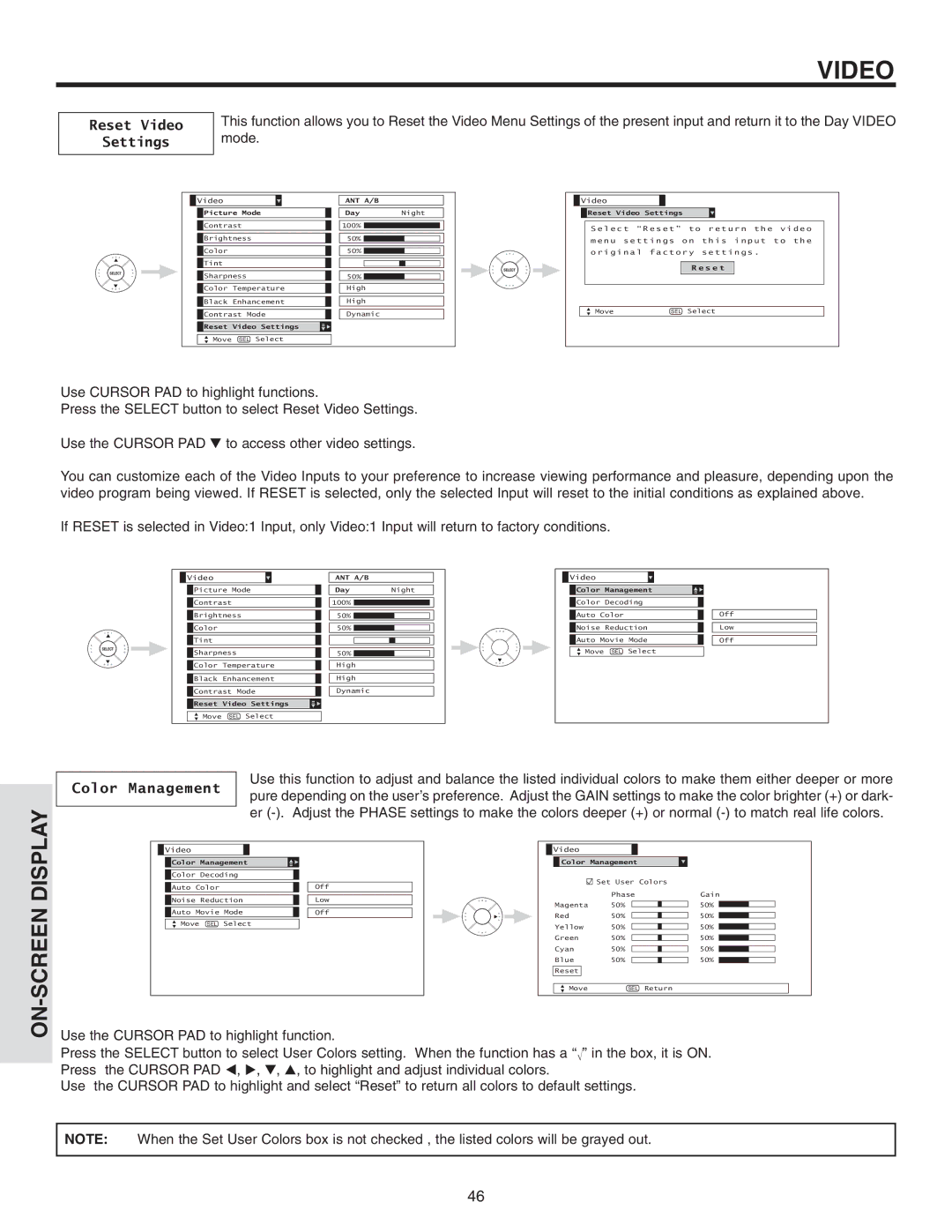 Hitachi 50V710, 50V715, 42V715, 60V715, 42V710 important safety instructions Reset Video Settings, Color Management 